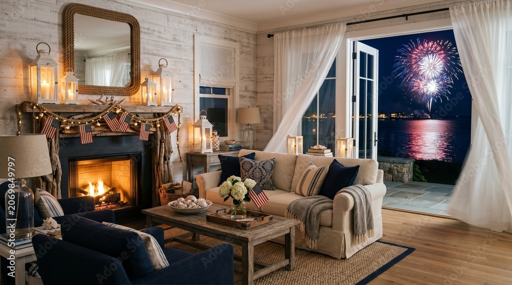 Fototapeta premium Coastal home interior captures a serene living area with a fireplace and grand open doors overlooking a vibrant firework show.