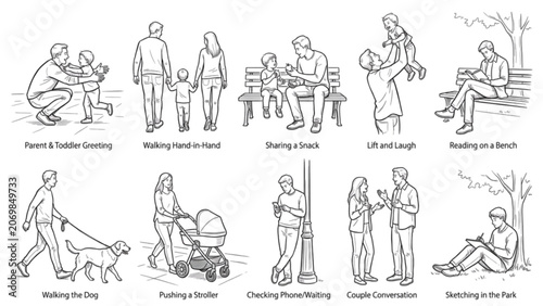 Public Space Family Interaction Figure Line Art Collection | 10 Everyday Social Poses Vector Pack