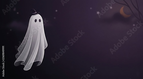 Ghost with witch hat floating in dark spooky night sky