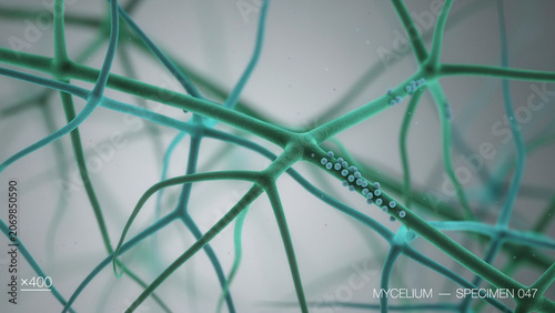 Close-up microscopic fungal mycelium weaving through a crystalline surface, glowing emerald and turquoise filaments, 45-degree laboratory perspective, ultra-detailed.