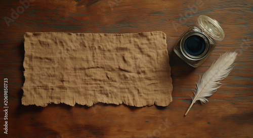 a overhead view of a textured, cream colored, rectangular piece of paper with deckle edges, positioned in the middle of a dark wood surface