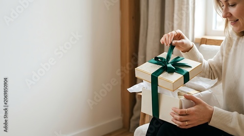 Smiling woman opening a gift box with a green ribbon