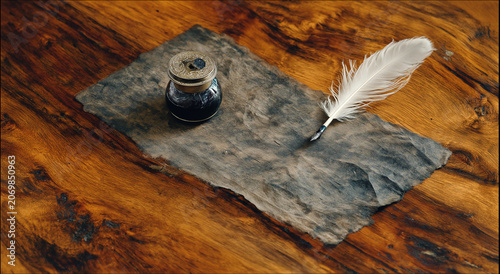 a overhead view of a textured, cream colored, rectangular piece of paper with deckle edges, positioned in the middle of a dark wood surface