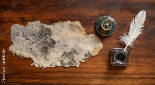 a overhead view of a textured, cream colored, rectangular piece of paper with deckle edges, positioned in the middle of a dark wood surface