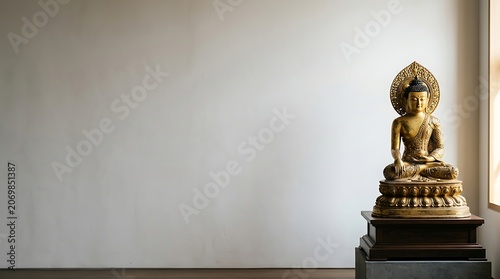 Golden buddha statue in a minimalist interior with negative space