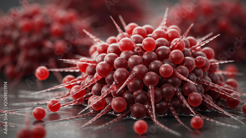 Hyper detailed microscopic fungal network with glowing red spores, intricate hyphae structures, laboratory sample under magnification, biomedical research concept, dramatic scientific visualization