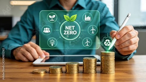 Concept of net zero emissions and green energy investment, sustainable economy growth with coins stack, eco-friendly business strategy for carbon neutral future.