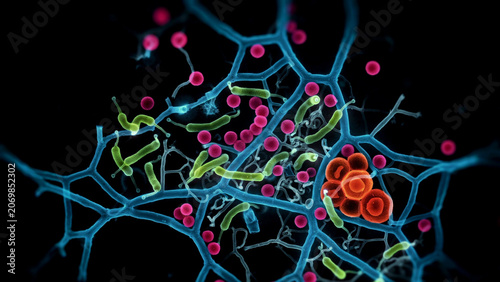 Fluorescent microscopy reveals glowing fungal spores and branching mycelium in vivid blue, green, pink, and orange, creating a futuristic microbiology laboratory visualization.