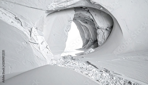 A stark, abstract composition reveals a smooth, white cavern, sculpted by light and shadow, with a bright portal