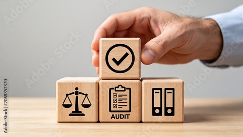 Hand placing wooden block with checkmark symbol on top of audit and justice icons, representing legal compliance, verification and regulatory approval concept.