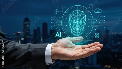Businessman hand holding futuristic artificial intelligence face recognition hologram over city skyline, cyber security and smart technology innovation concept.