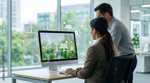 Colleagues analyzing renewable energy data on computer screen, sustainable power solutions, solar and wind technology, green environment conservation