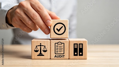 Hand placing wooden block with checkmark icon on stack representing audit, compliance and legal verification process for business quality control and regulatory standards.