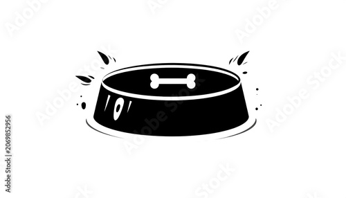 A stark black and white illustration of a dog bowl with a bone inside. Surrounding the bowl are stylized 