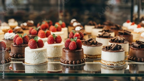 Rows of small round cakes topped with fresh raspberries and chocolate curls in a bakery display