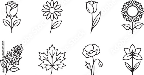 Set of eight simple black and white floral icons