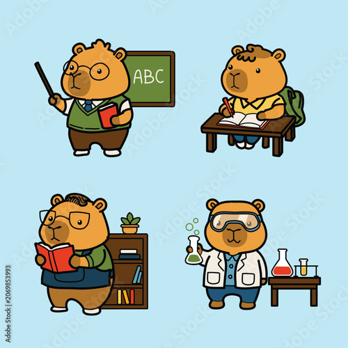 Cute Capybara Education Characters Set – Teacher, Student, Librarian and Scientist
