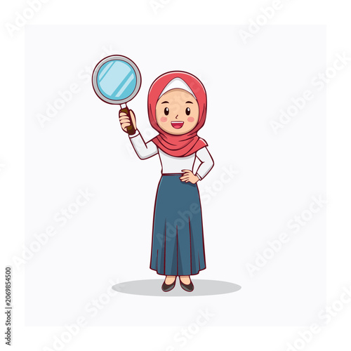 Cartoon woman in hijab holding hand mirror