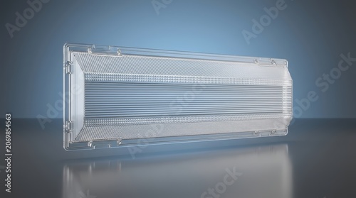 Industrial prism diffuser 3D render micro prismatic optical component light redirection glare control acrylic luminaire commercial fixture