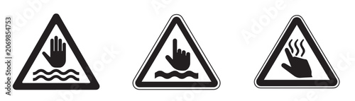Foto Warning stop and signs for hot surface, water and sharp objects in triangle shap