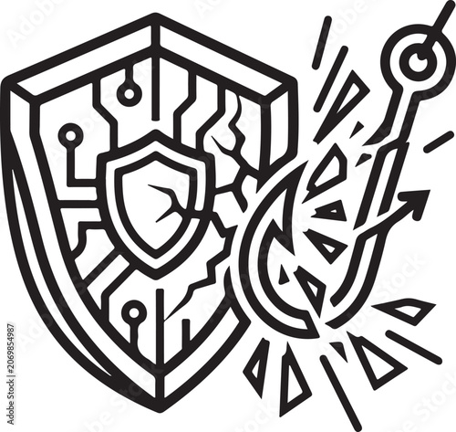 Cyber Security Shield Blocking and Shattering Phishing Hook Line Art Vector