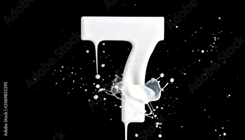 A stark black background highlights a stylized number seven made from flowing white liquid with dynamic splash effects