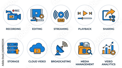 Tableau sur toile Video production workflow icons with descriptive text labels