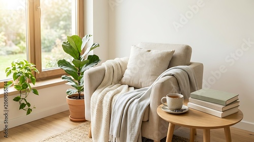 A cozy armchair with a throw blanket and pillow sits beside a potted plant on a wooden floor near a sunny window in a peaceful living room.