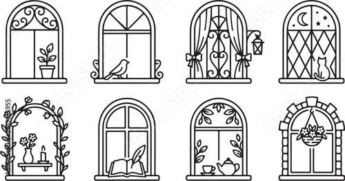 Whimsical window sill illustrations with decorative elements
