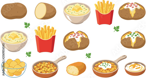 Fotografía Potato Recipe and Side Dishes Vector Set Featuring Mashed Potatoes French Fries