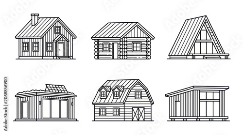 Diverse House Designs: Cabins, Cottages, and Modern Homes - Line Art Collection