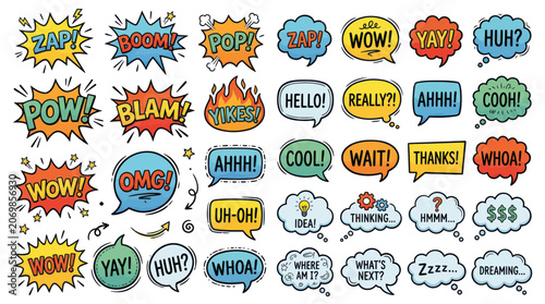 Comic Book Speech Bubbles with Sound Effects and Words - Set