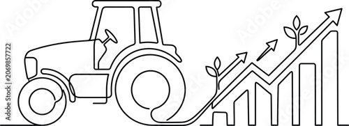 Foto Continuous Line Art Tractor with Upward Growth Graph and Plants for Agricultural