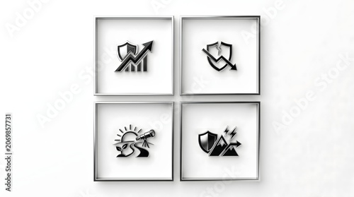 Black and white floral decorative ornaments set on white frames minimalist design