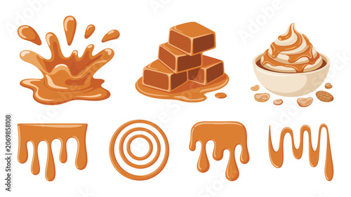 Quadro su tela Peanut butter drips and splash vector set, creamy texture flow effects, cube and