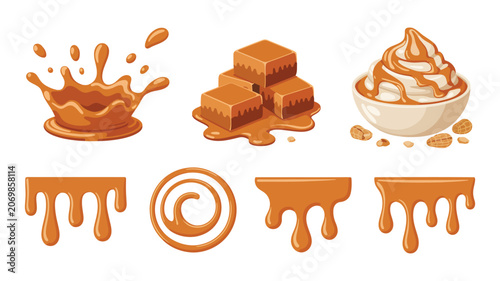 Foto Peanut butter drips and splash vector set, creamy texture flow effects, cube and