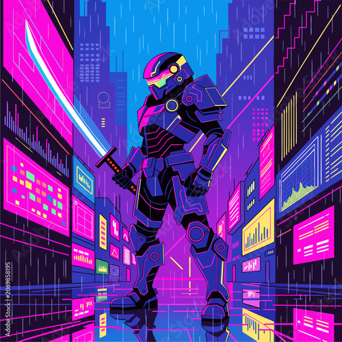 Young woman in futuristic city sci fi illustration with robot cyborg future sport space stars 3D fiction science theme people and boy elements