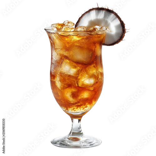 A refreshing iced rum punch cocktail garnished with fresh coconut slices in a tall glass