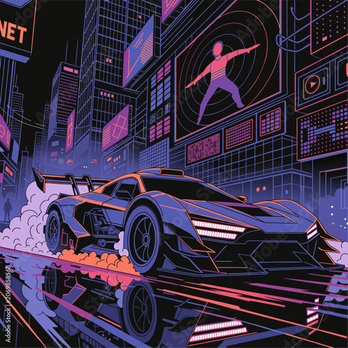 Retro racing car vector illustration abstract background speed hot rod flame engine road design illustration sports vehicle transport logo style