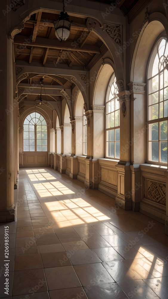 Obraz premium Gothic arched hallway with bright windows.