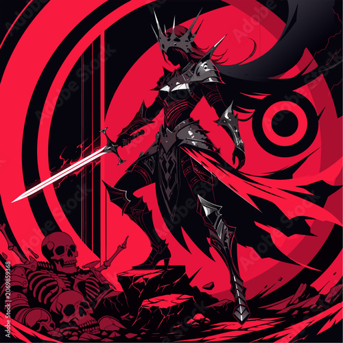 Girl in red dress with sword vector illustration halloween rock and skull design