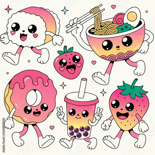 Cute funny cartoon set of animals birds fruits icons vector illustration collection for kids baby holiday christmas seamless pattern design cat dog food character
