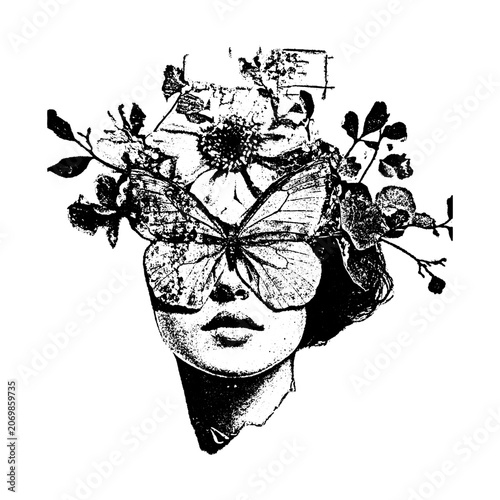 Surreal digital collage art featuring a woman portrait with flowers and butterfly elements portrait butterfly abstract illustration feminine botanical monochrome mystical creative engraving
