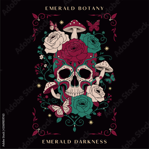 Skull with roses floral tattoo vector illustration design