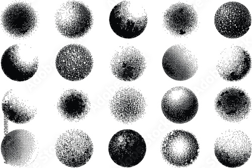 Obraz na plátně Grainy dotted sphere set with diffuse spray paint texture, glitter powder circle