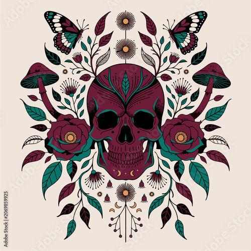 Abstract floral skull tattoo design with gothic skeleton rose vector illustration and decorative pattern art
