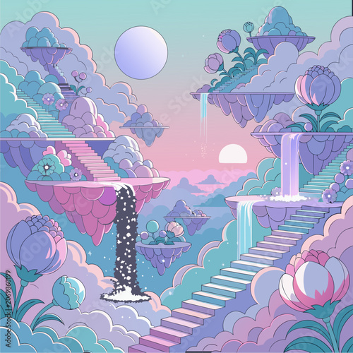 Landscape with trees clouds and flowers in a vector illustration of nature with sky sun grass house castle city and fantasy summer scene