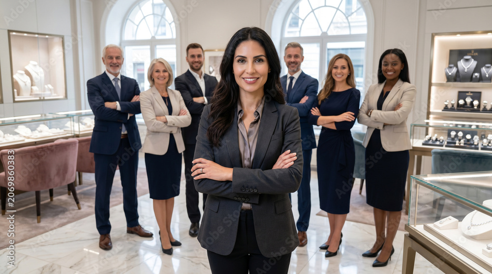 Obraz premium Diverse jewelry showroom team standing in luxury retail environment, led by female jewelry consultant, with gem specialists, designers, and sales professionals in elegant showroom.