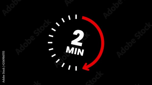 Countdown timer icons for 2 minutes in circular arrow animation. Circle arrow refresh icon with 2 min timer icon animation. Timer 2 minutes countdown clock with circular arrow. 4K video.