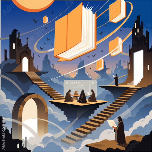 Night city church and old town illustration with global landmarks skyline